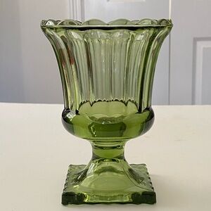 Vintage Indiana Glass Avocado Green Vase Candy Dish Square Footed Pedestal Base